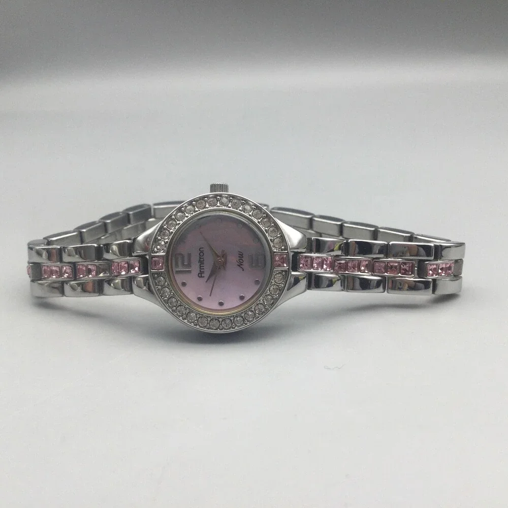 Armitron Now Womens Watch 22mm Pink MOP Crystals Silver Tone New Battery 7.25